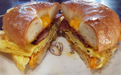 Homemade Bacon Egg And Cheddar Cheese Sandwich On A Ny Style Bagel