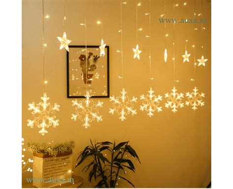 Snowflake Led Curtain String Lights With 12 Hanging Golden Flakes138