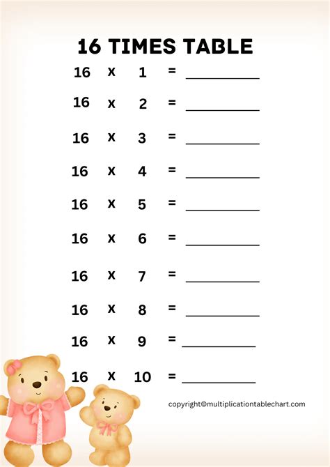16 Times Table Worksheet 16 Multiplication Table Free Pdf