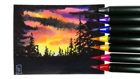 Easy How To Paint Sunset With Clouds With Arteza Real Brush Pens Youtube