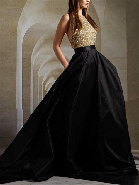 Long Gold Sequin Black A Line Ball Gown Sparkly Formal Prom Dress Pd1