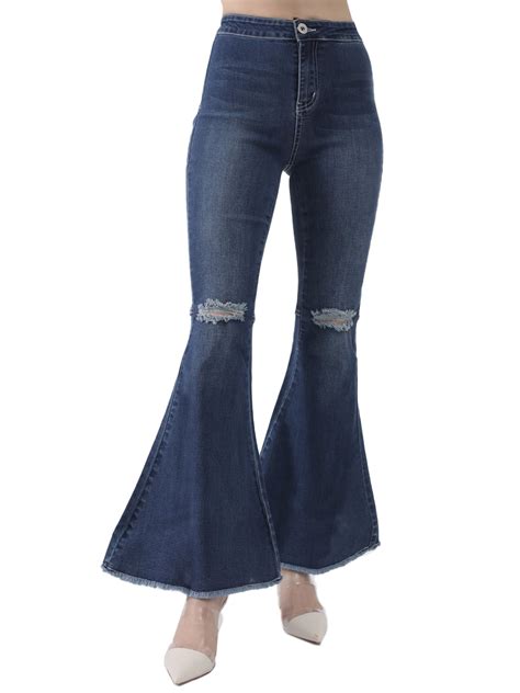 Feinuhan Women S Fashion Ripped High Waist Classic Denim Bell Bottom Jeans Dark Blue