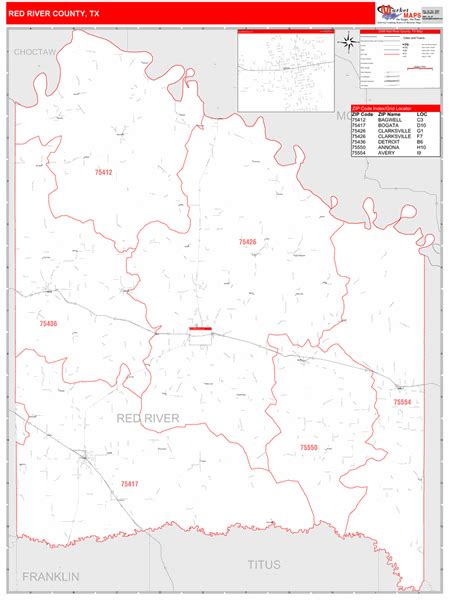 Red River County Tx Zip Code Wall Map Red Line Style By Marketmaps