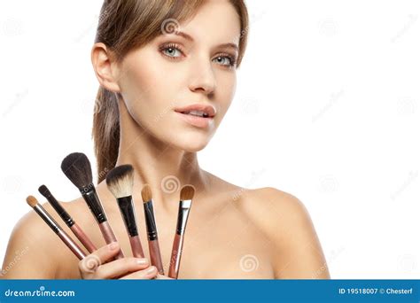 Beautiful Woman Holding Makeup Brushes Set Stock Image Image Of Fresh