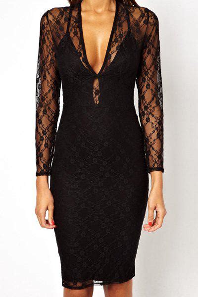 48 OFF Sexy Style Plunging Neck Long Sleeve Lace See Through Bodycon