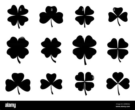 Clover Leaves Icon Set Isolated On White Background Black Silhouettes