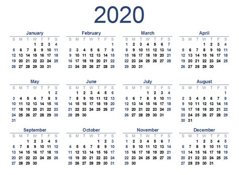 Free 2020 One Page Calendar Printable Pdf