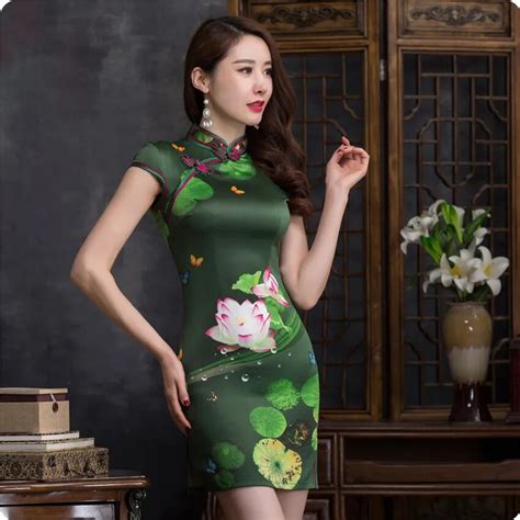 2017 summer thin cheongsam vintage chinese traditional dress women elegant satin slim short
