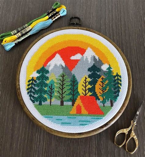 Camping At The Mountains Cross Stitch Pattern Modern Cross Etsy
