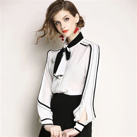 zjyt elegant lady formal blouses women office shirts fashion bow neck autumn long sleeve white