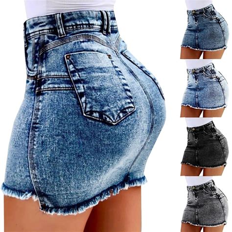 Womens Stretch Mini Pencil Skirts High Waist Denim Jeans Casual Club