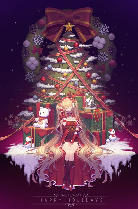 Hình Nền Anime Cô Gái Trang Phục Santa Cây Thông Giáng Sinh
