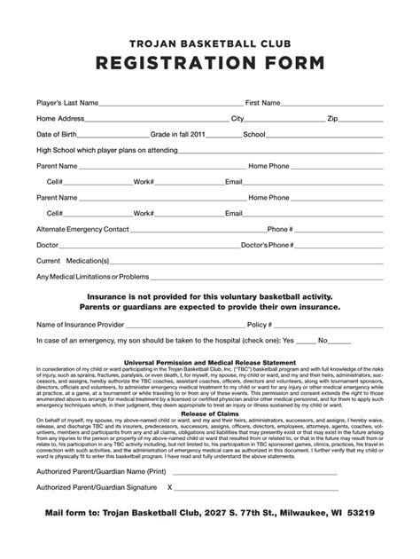 Trojan Basketball Club Registration Form Fill And Sign Printable