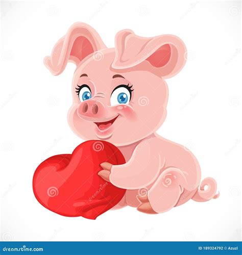 Cute Cartoon Happy Baby Pig Hugging A Soft Red Pillow Heart Isol Stock