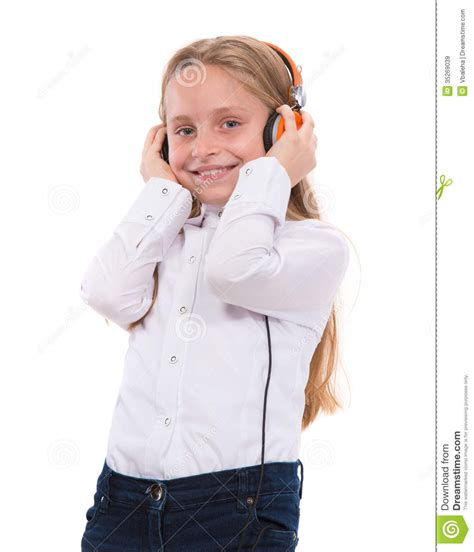 Little Girl In Headphones Listening To Music Stock Image Image Of