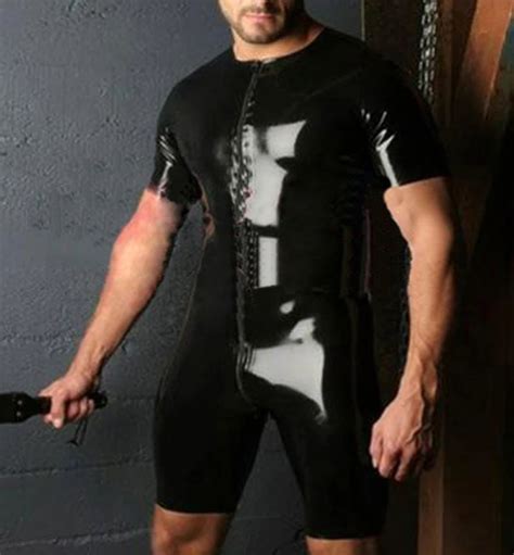 Men Black Latex Tights Catsuit Short Sleeves Front Zipper Rubber