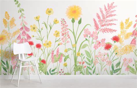Bright Pink And Green Watercolour Wildflower Wallpaper Mural Murals