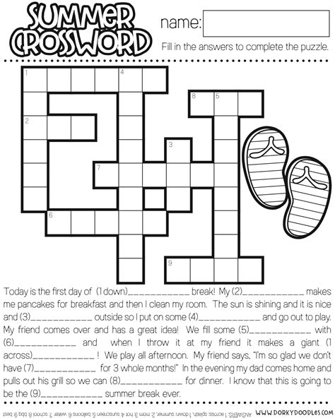 Summer Break Crossword Puzzle Printable Dorky Doodles Summer