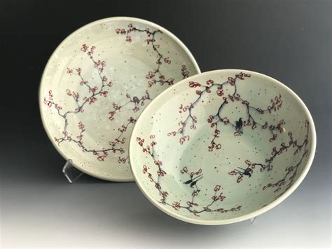 Cherry Blossom Celadon Serving Bowls Muddy Paws Pottery Pottery
