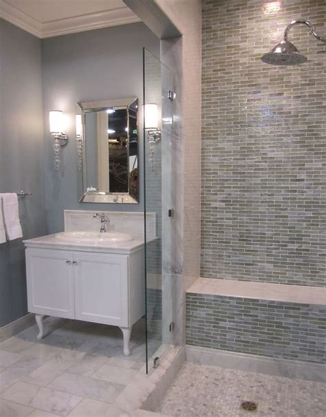The use of soft grey marble in tiles and mosaic add the needed texture and interest make this small bathroom seem larger. 35 blue gray bathroom tile ideas and pictures