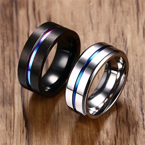 Black Silver Color Stainless Steel Rings For Men Rainbow Thin Line Rings Wedding Band Male