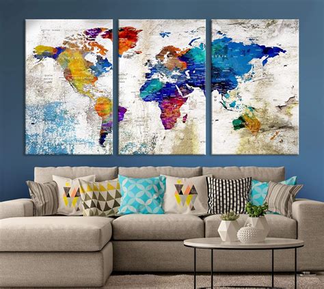 World Map Canvas Large Dark Colored Push Pin Watercolor World Map Wall