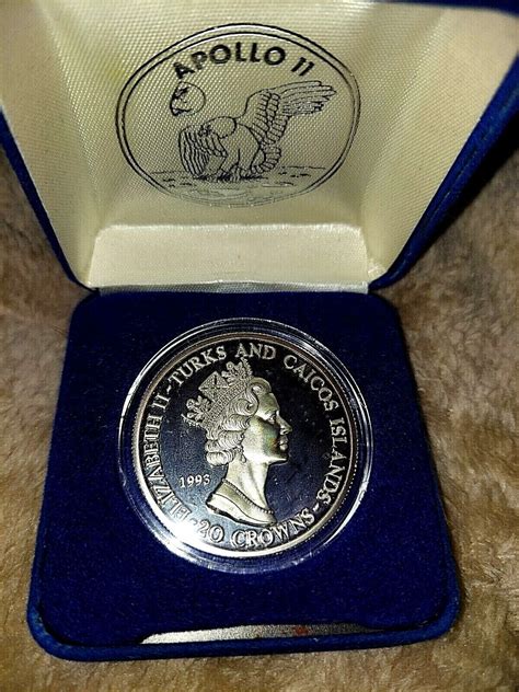 1993 TURKS AND CAICOS ISLANDS 20 CROWNS SILVER PROOF APOLLO 11 25TH