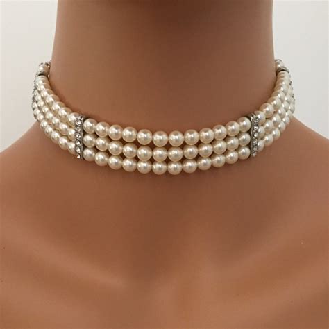 Pearl Choker Necklace Set 3 Strands Ivory Crystal Glass Pearls Etsy