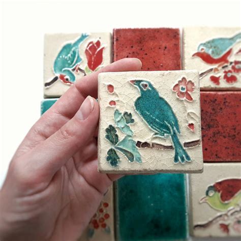 Handmade Ceramic Tiles Set Of 9 Backsplash Tiles Bird Etsy