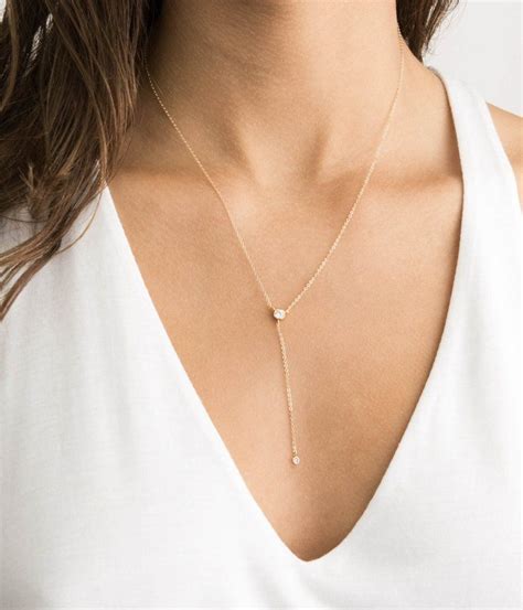 Gold Diamond Y Necklace Minimal Dainty Lariat Style Etsy Lariat