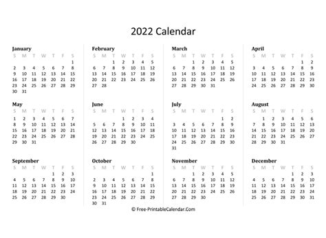 Printable Calendar 2022 Horizontal Blank Calendar