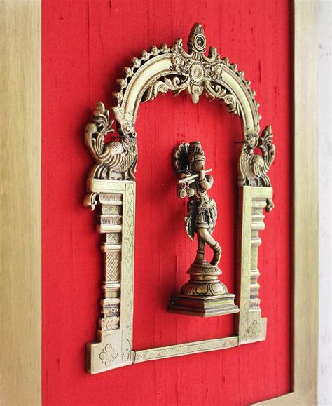 Exquisite Framed Brass Prabhavali On Red Raw Silk With Lord Krishna F