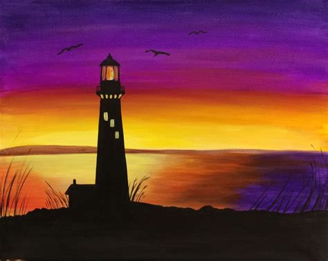 Lighthouse At Sunset Silhouette Painting Lighthouse Painting Sunset