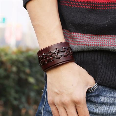 Rock Punk Wide Leather Mens Wrist Band Strap Cross Weaving Bracelet