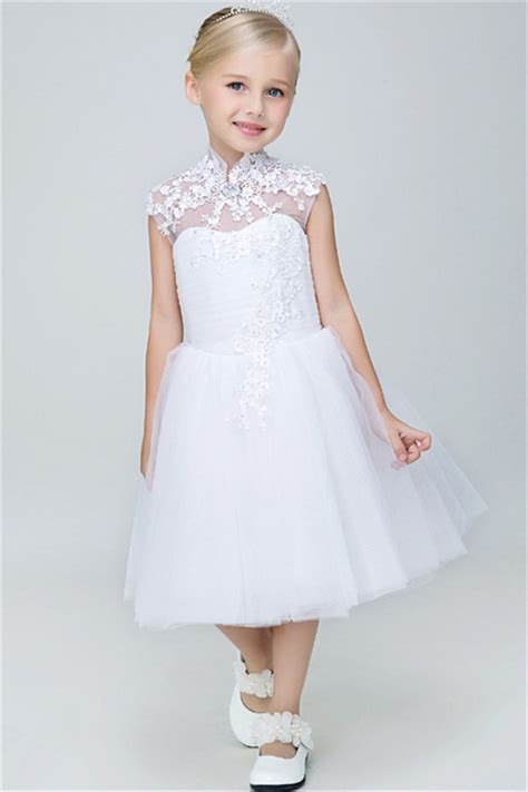 A Line High Neck Cap Sleeve Tea Length Tulle Lace Flower Girl Dress