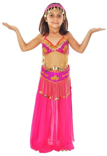 Kids Size Beaded Fuchsia Belly Dance Costume With Fringe And Coins