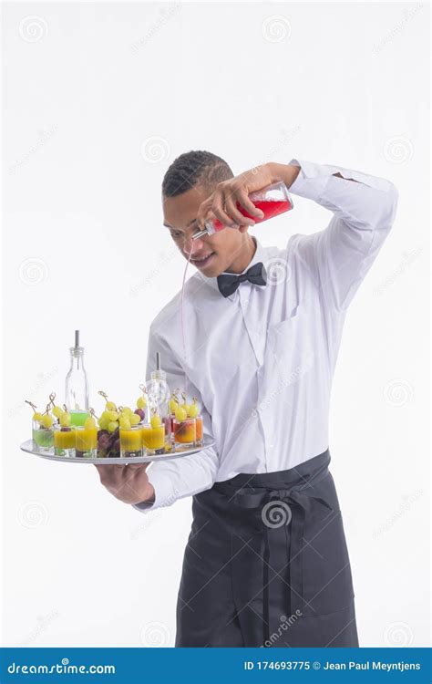 Young Waiter Holding A Tray And Mixing Liquors Stock Image Image Of