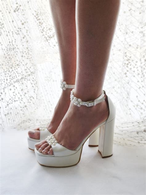 Pearl Ivory Wedding Platform Shoes Comfort Block High Heels Etsy