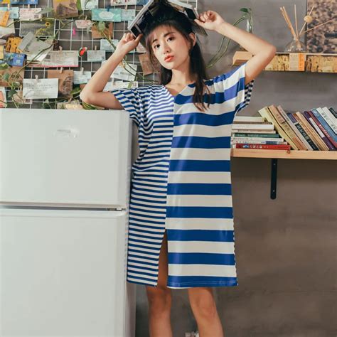 Yomrzl A668 New Arrival Summer Cotton Womens Nightgown One Piece Striped Short Sleeve Sleep