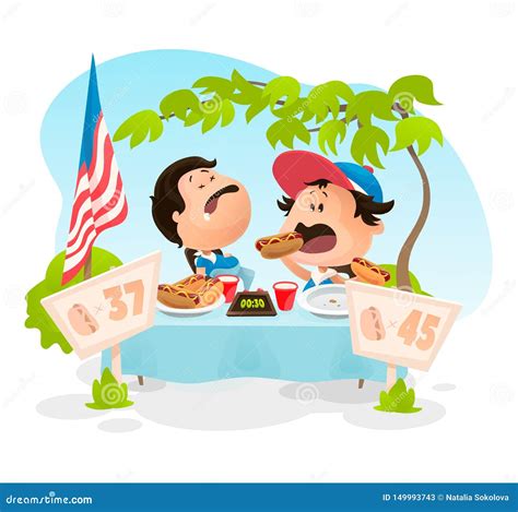 Hotdog Eating Competition Vector Illustration In Flat Cartoon Style