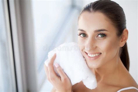 Face Washing Closeup Of Happy Woman Drying Skin With Towel High