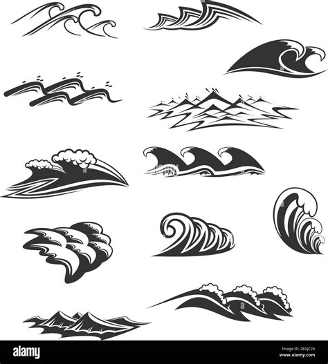 Ocean Waves Signs Black And White Colors Isolated On White Background