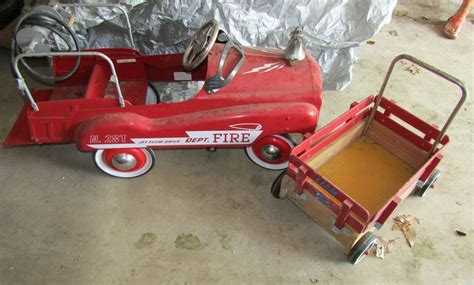 Vintage Metal Glide Rider Pedal Fire Truck Toy And Small Radio Flyer