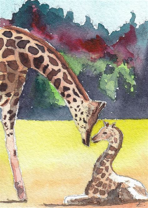 Aceo Original Watercolor Giraffes By Estebanezwatercolors Realism