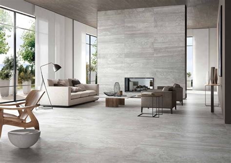 Contemporary Living Room With Grey Stone Look Porcelain Tile