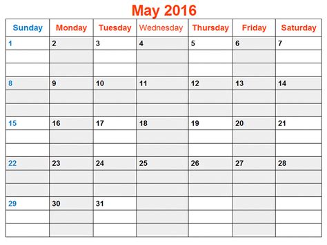 May 2016 Weekly Printable Calendar Printable Calendar Templates