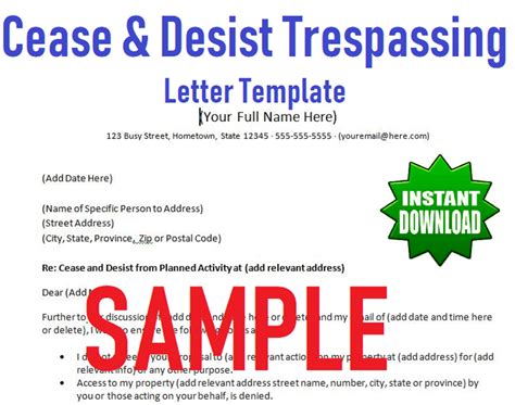 cease and desist from trespassing letter template ms word docx digital download file