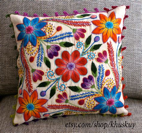 Peruvian Pillow Cover Hand Embroidered Flowers 16 X 16 In