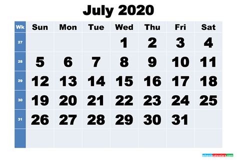 Free Printable July 2020 Calendar Template Word Pdf