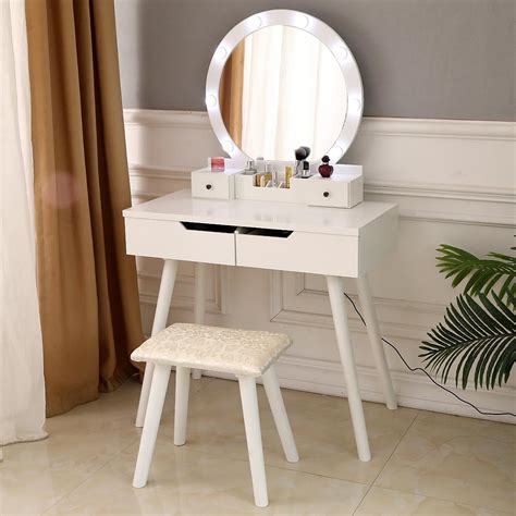 It has an elevated central part of a top which supports a rectangular bevelled mirror in a wide lighted frame. Modern 8 LED Round Mirror Makeup Vanity Dressing Table Set Jewelry Drawers | eBay